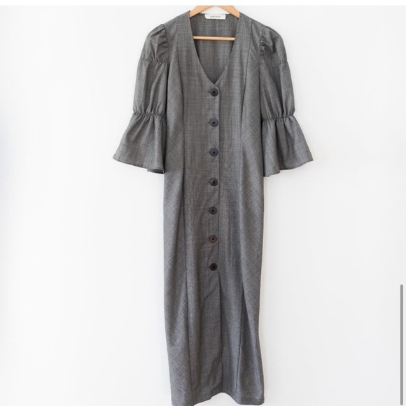 Ovna Ovich Kahlo Puff Sleeve Button Down Midi Dress in Slate Italian Wool - Picture 5 of 8